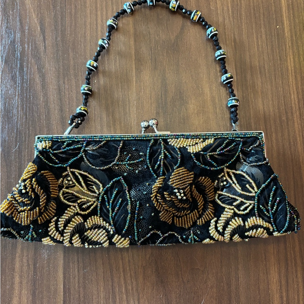 Black and Gold Floral Embroidered Clutch